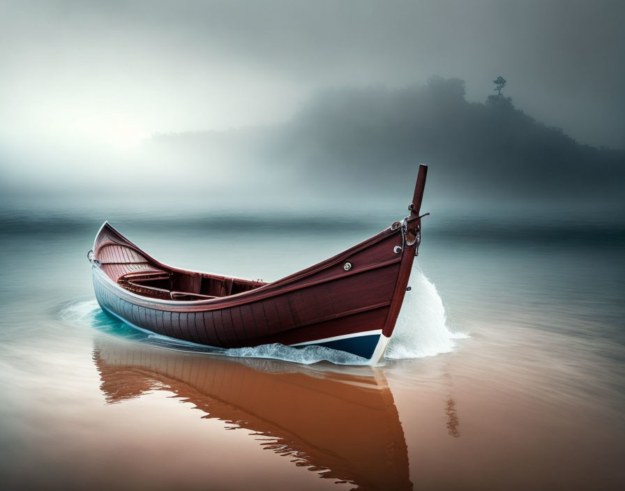 Tranquil image of wooden boat on calm water with mist-covered hill