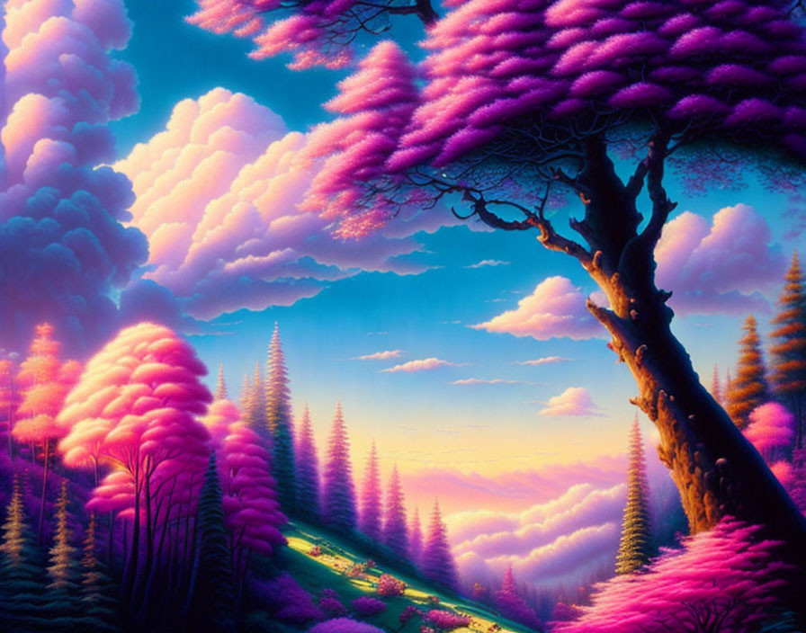 Colorful sunset landscape with purple and pink foliage and whimsical clouds