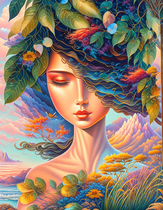 Portrait of Woman with Nature-Inspired Hair & Landscape Background