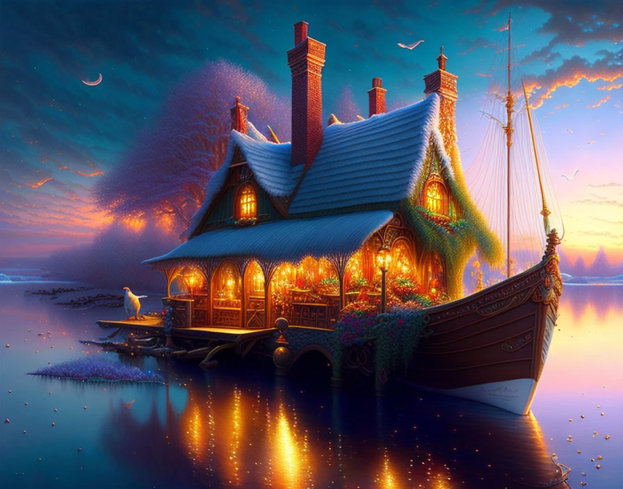 Twilight lakeside scene with cozy cottage and boat structure