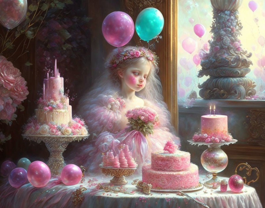 Girl in dreamy scene with pastel balloons, cakes, flowers, and candles