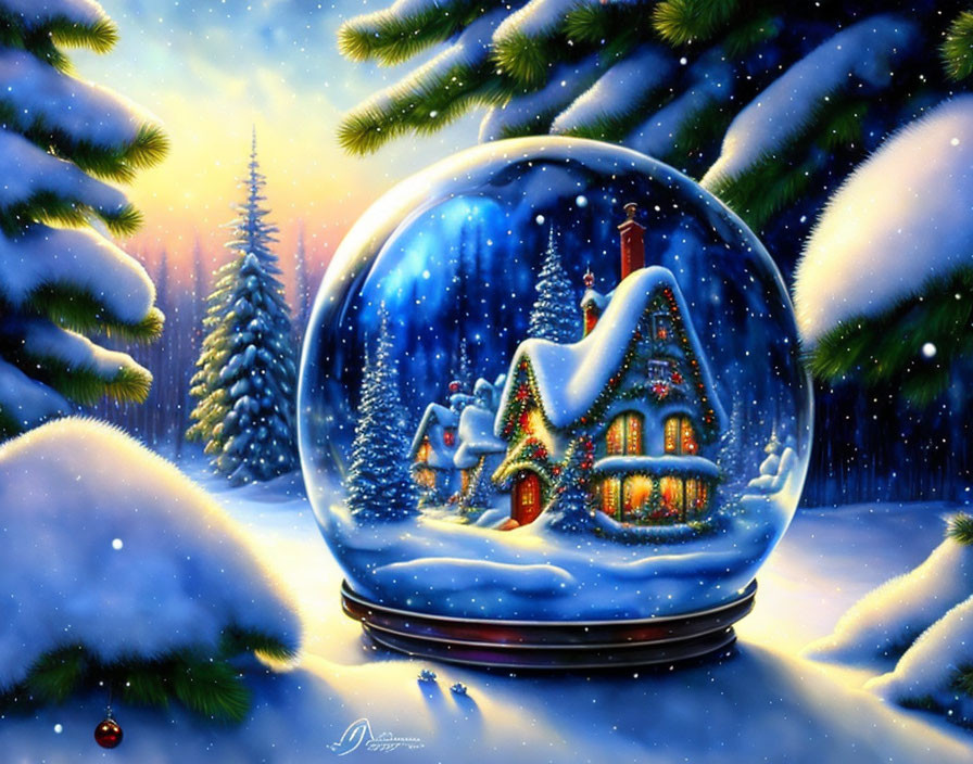 Snow Globe with Cozy House, Snowy Pine Trees, and Twilight Sky