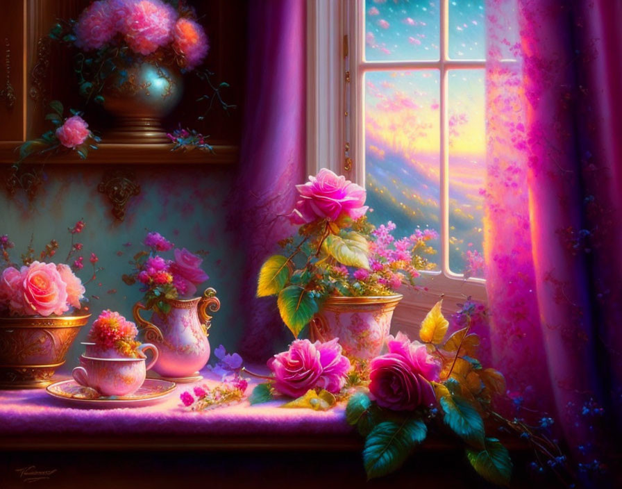 Pink roses, porcelain teapot, cup, and sunset sky in vibrant still life