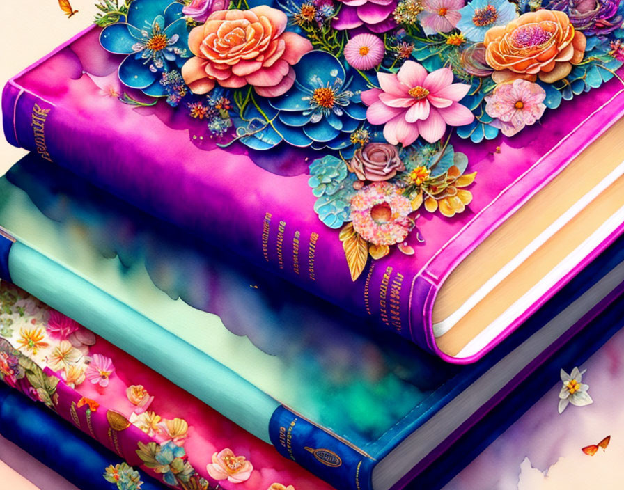 Colorful Floral Patterned Books with Vibrant Hues & Gold Lettering