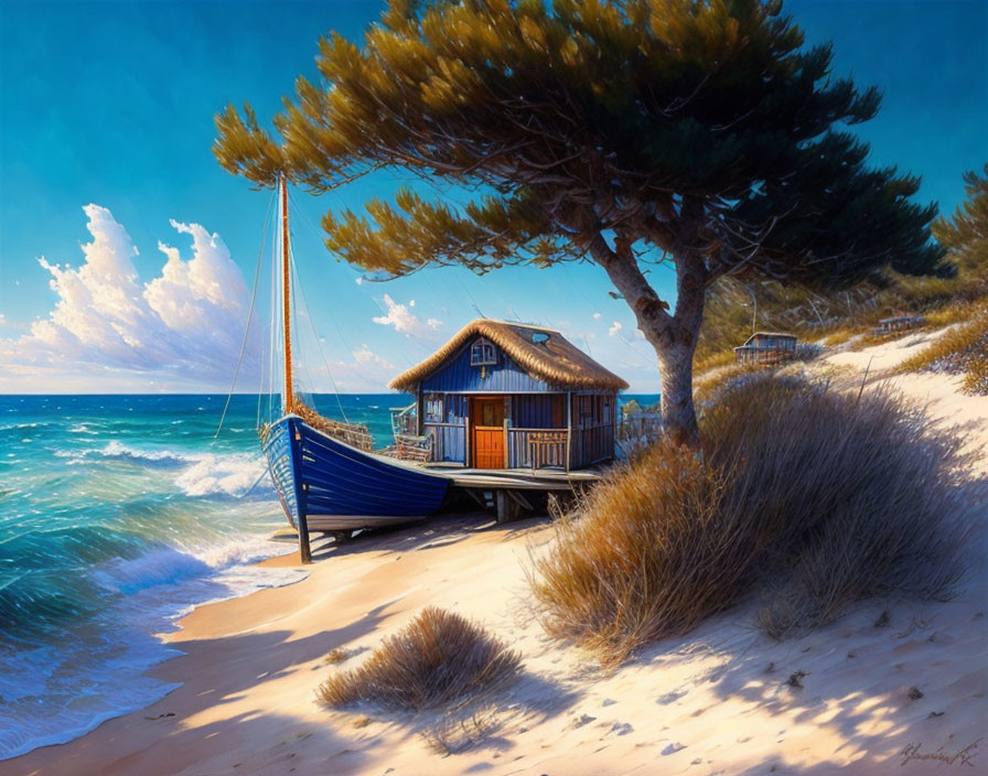 Tranquil beach scene with wooden hut, sailboat, and pine tree