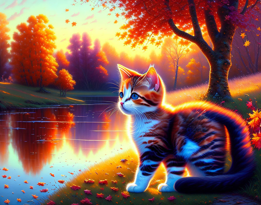 Orange-White Kitten by Tranquil Lake and Autumn Trees