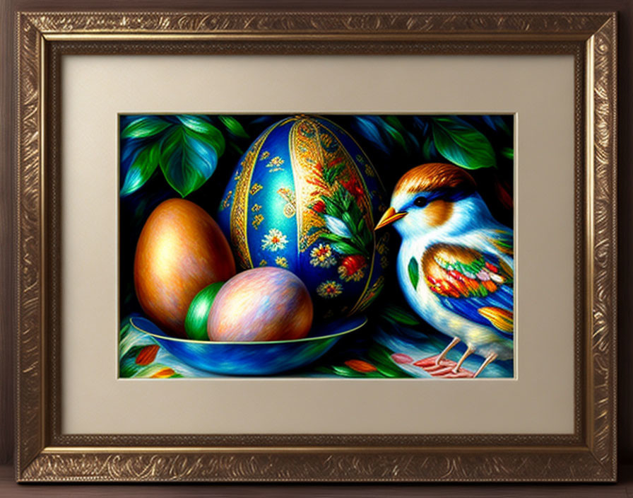 Colorful Bird Painting with Eggs and Leaves on Blue Background