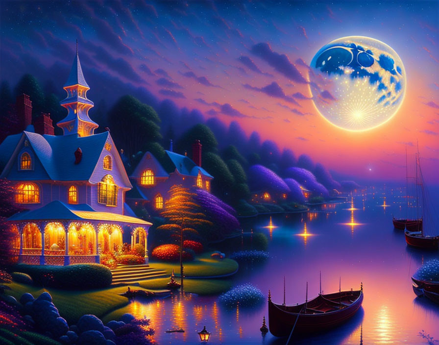 Victorian houses and moonlit river in fantastical nightscape