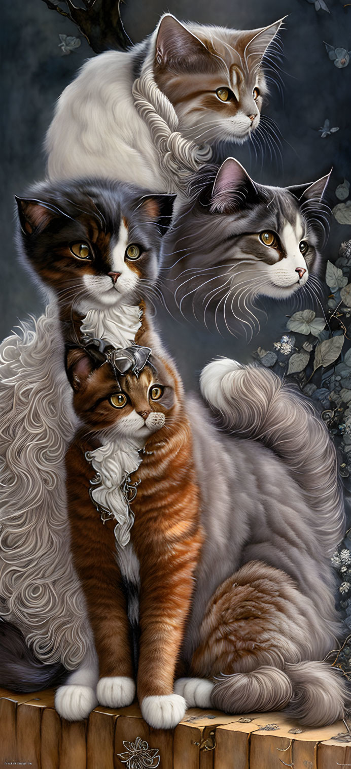 Four long-haired cats with expressive eyes on wooden ledge with delicate flowers.