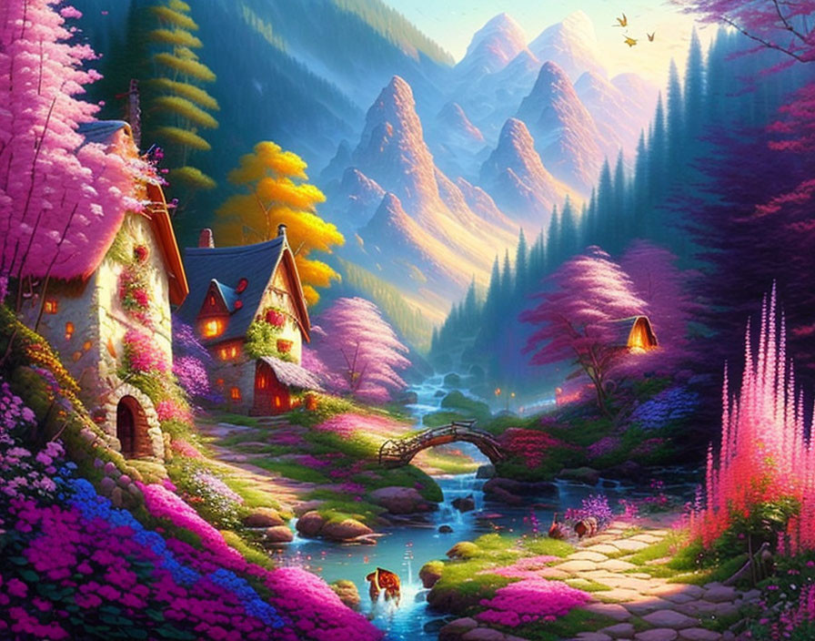 Colorful Fantasy Landscape with Cottage, Trees, River, Bridge, Animals, and Mountain Sky