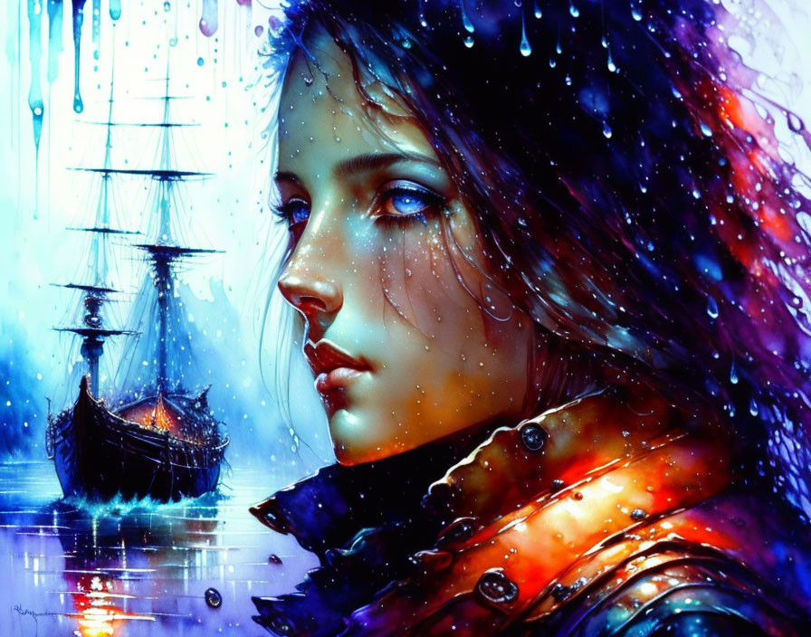 Colorful digital painting of contemplative woman with ship in rain.