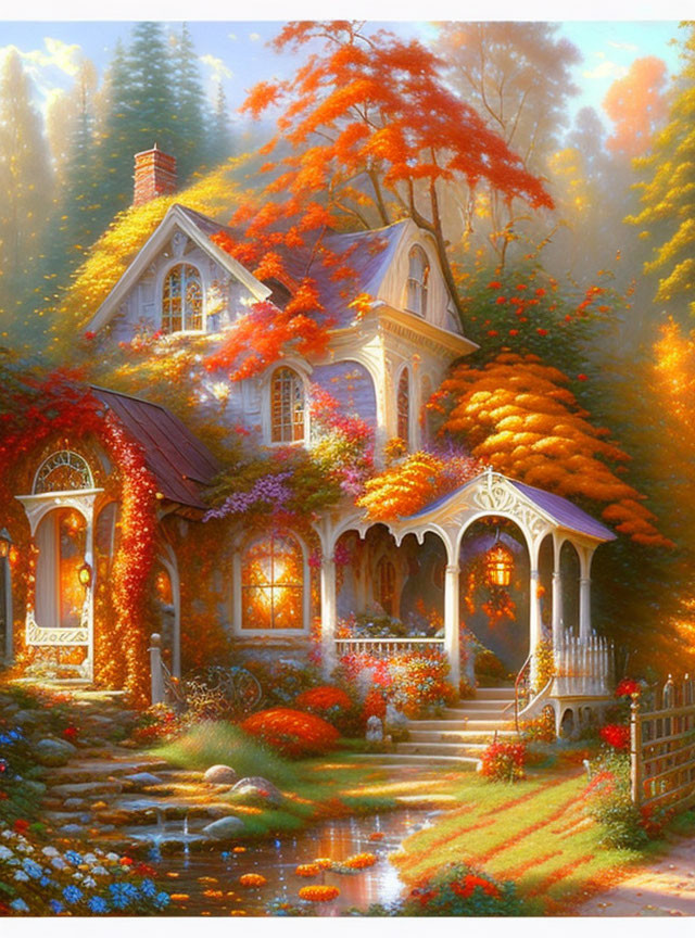 Cozy cottage in autumn setting with stream and vibrant flowers