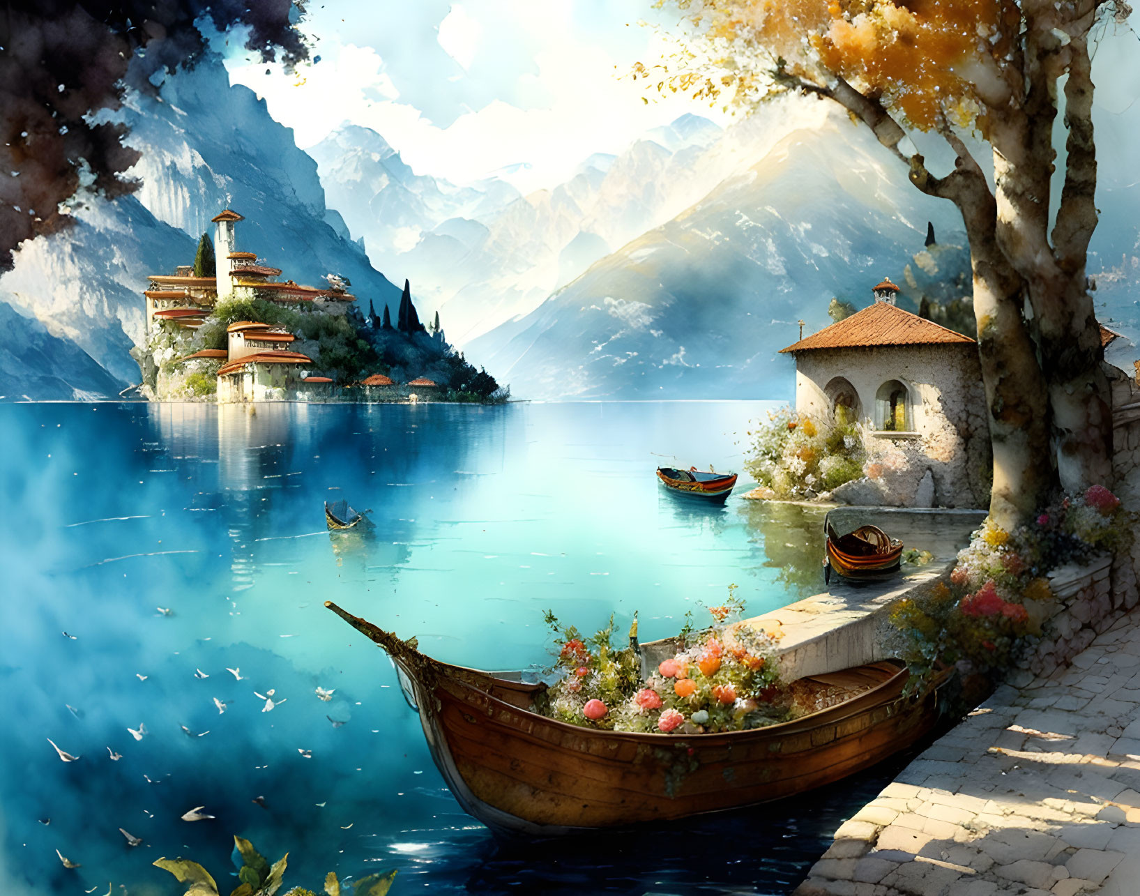 Tranquil lakeside view with boats, cobblestone path, and mountain backdrop