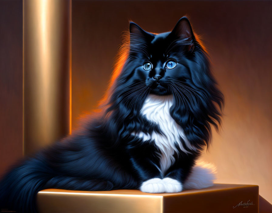 Majestic black and white long-haired cat with blue eyes in warm golden light