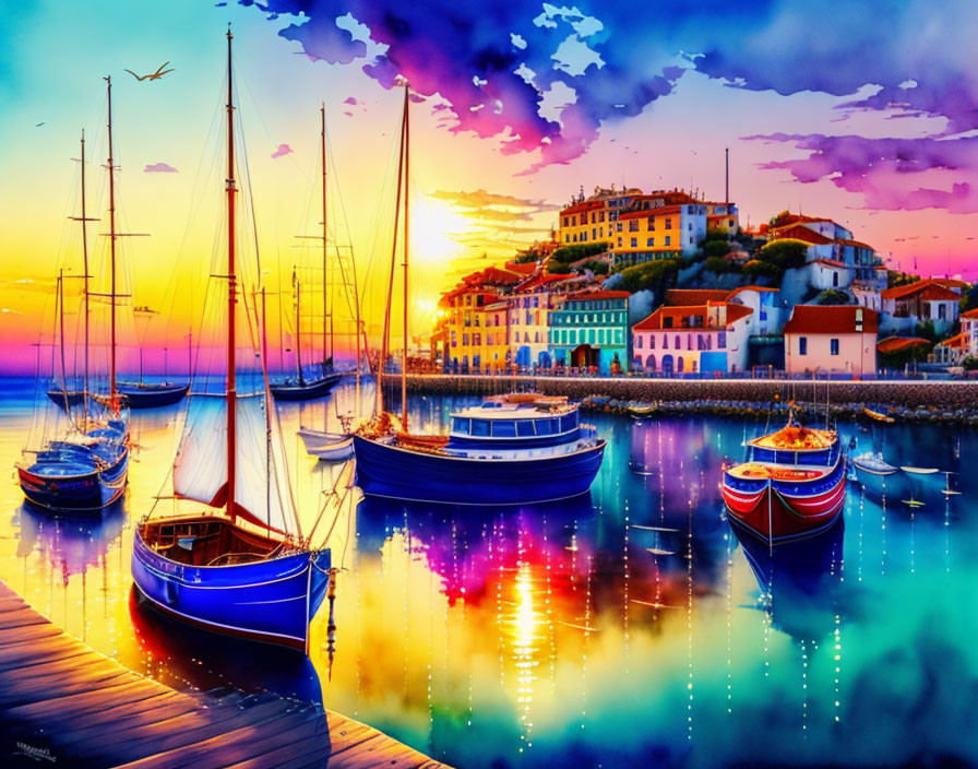 Colorful boats and wooden pier in vibrant sunset harbor scene