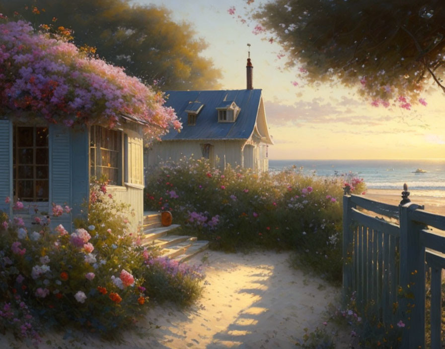 Seaside Cottage Surrounded by Flowers at Sunset