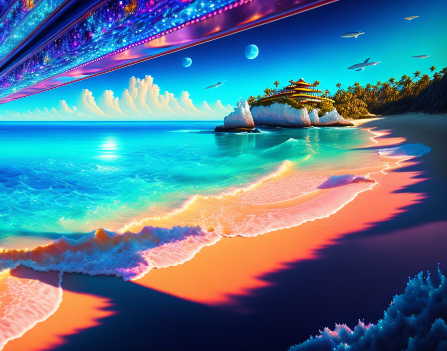 Surreal beachscape with neon sky, moons, island, and clear waters