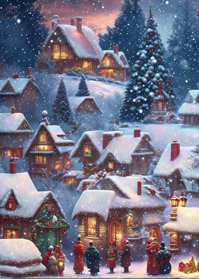 Snow-covered winter village with Christmas tree, glowing windows, and falling snowflakes