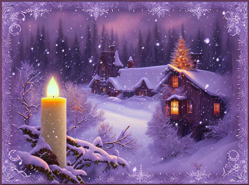 Snow-covered cabins with Christmas tree and candle in twilight snow scene