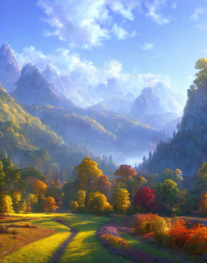 Colorful autumn trees, misty forests, and mountain peaks in idyllic landscape