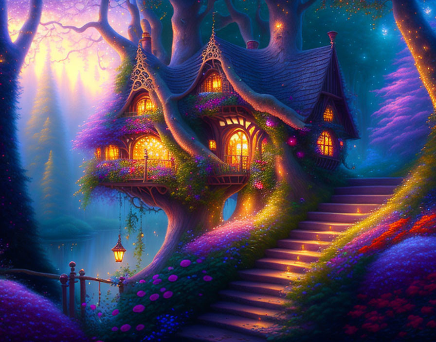 Enchanting glowing treehouse in magical forest