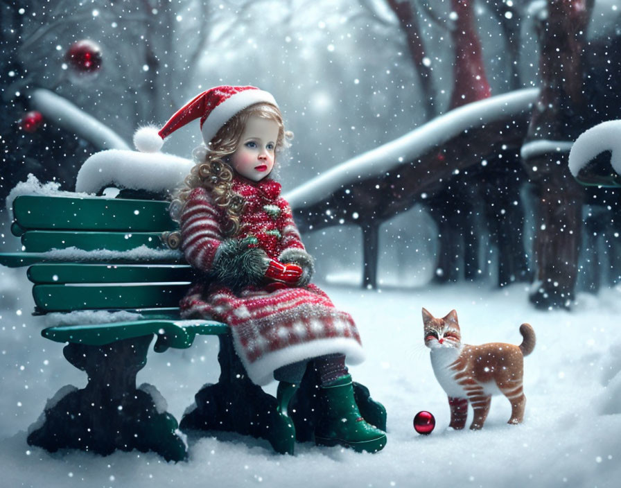 Blond Curly-Haired Doll in Santa Hat & Striped Sweater with Cat on Snowy