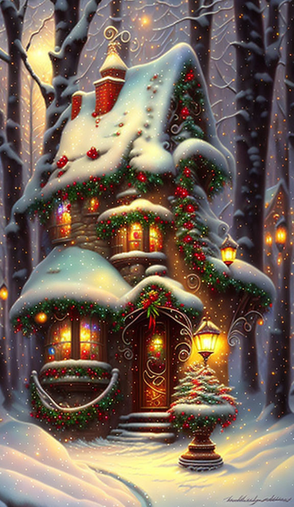 Snow-covered cottage with Christmas decorations in winter evening