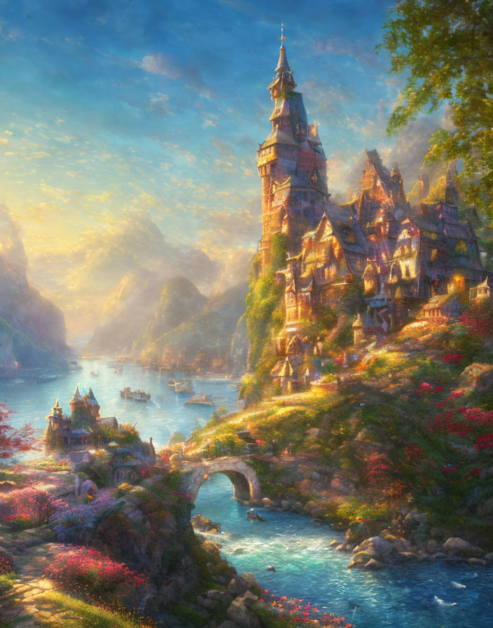 Sunlit fantasy castle on lush cliffs with boats, blooming flora, and misty horizon