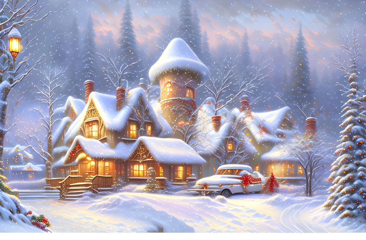 Snowy winter scene with illuminated cottages, vintage car, and falling snowflakes