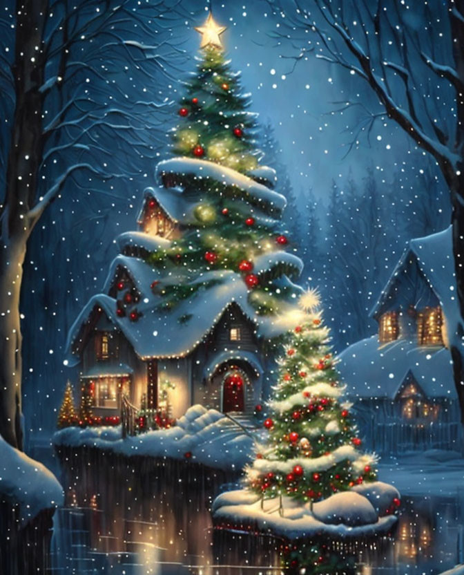 Snowy Christmas Scene: Tree, Cottage, Water, Starry Night Sky