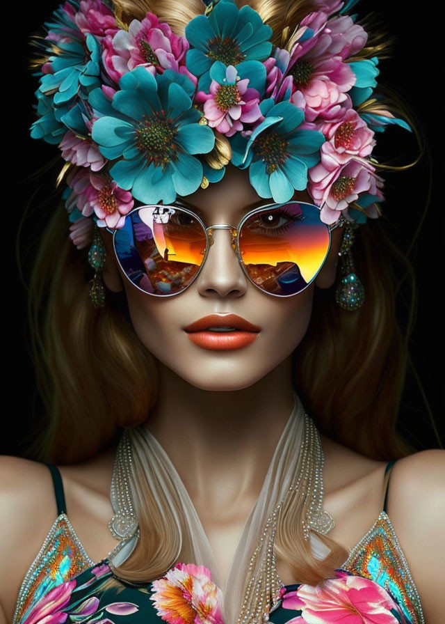 Woman in Floral Headpiece and Aviator Sunglasses with Sunset Reflection