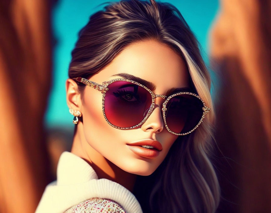 Digital illustration: Woman with flawless skin, purple sunglasses, elegant earrings on blue background