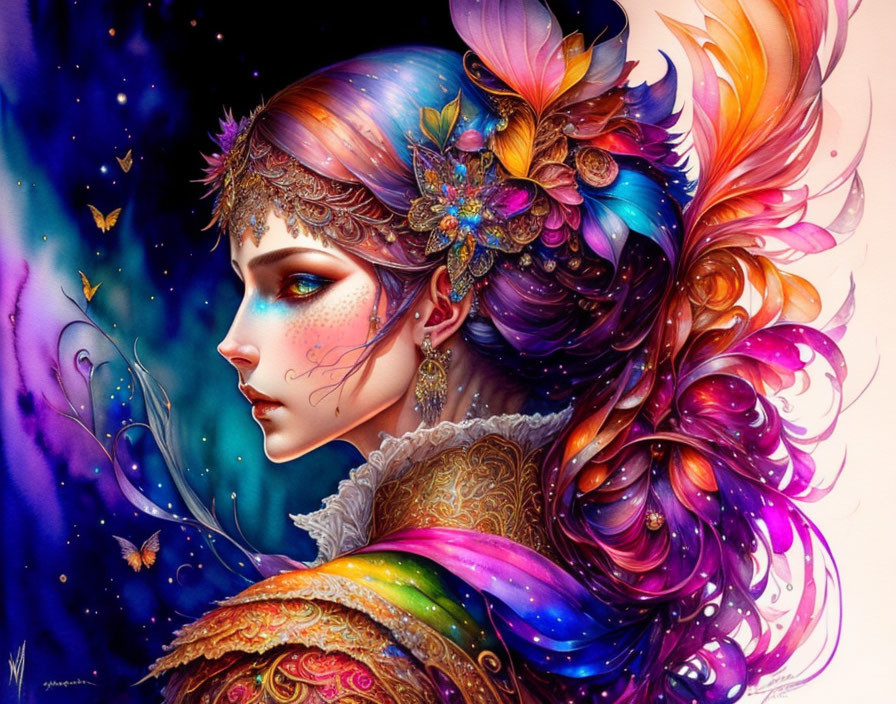 Colorful fantasy artwork of a woman in embellished attire with feathered headdress and butterflies.