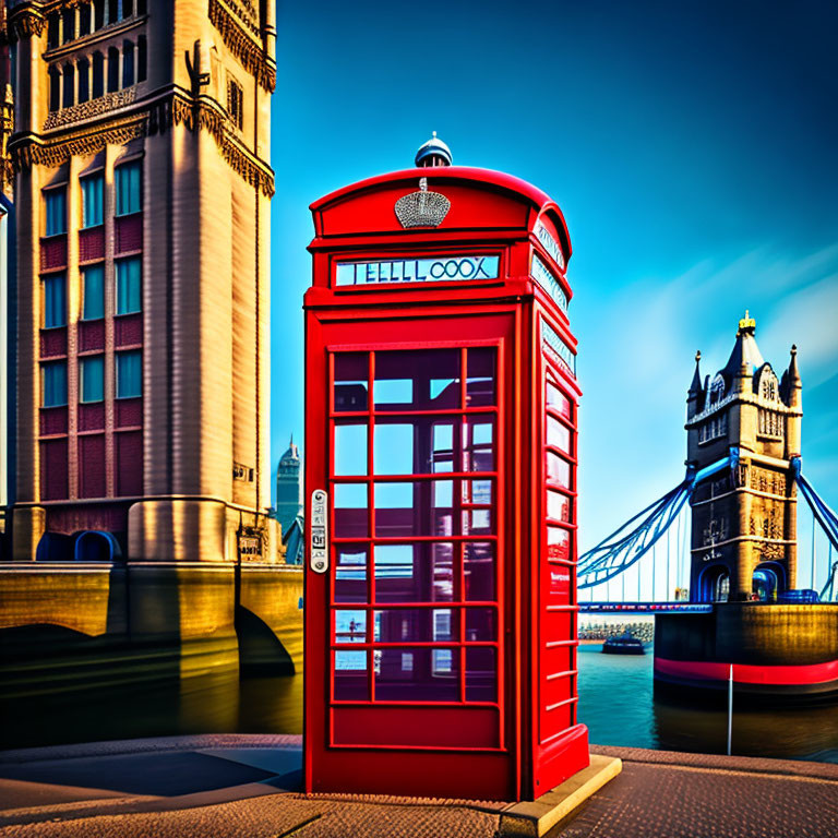 Iconic London scene: red telephone box & Tower Bridge against blue sky