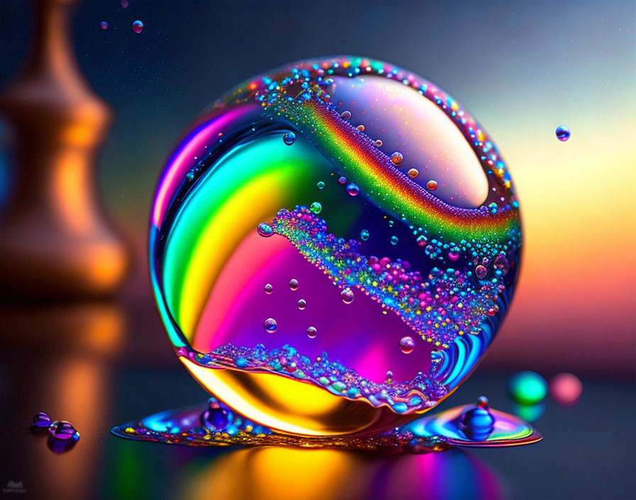 Iridescent soap bubble with droplets on reflective surface