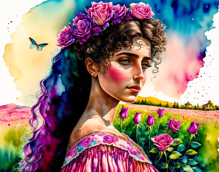 Vibrant watercolor illustration of woman with roses and butterfly in colorful scenery