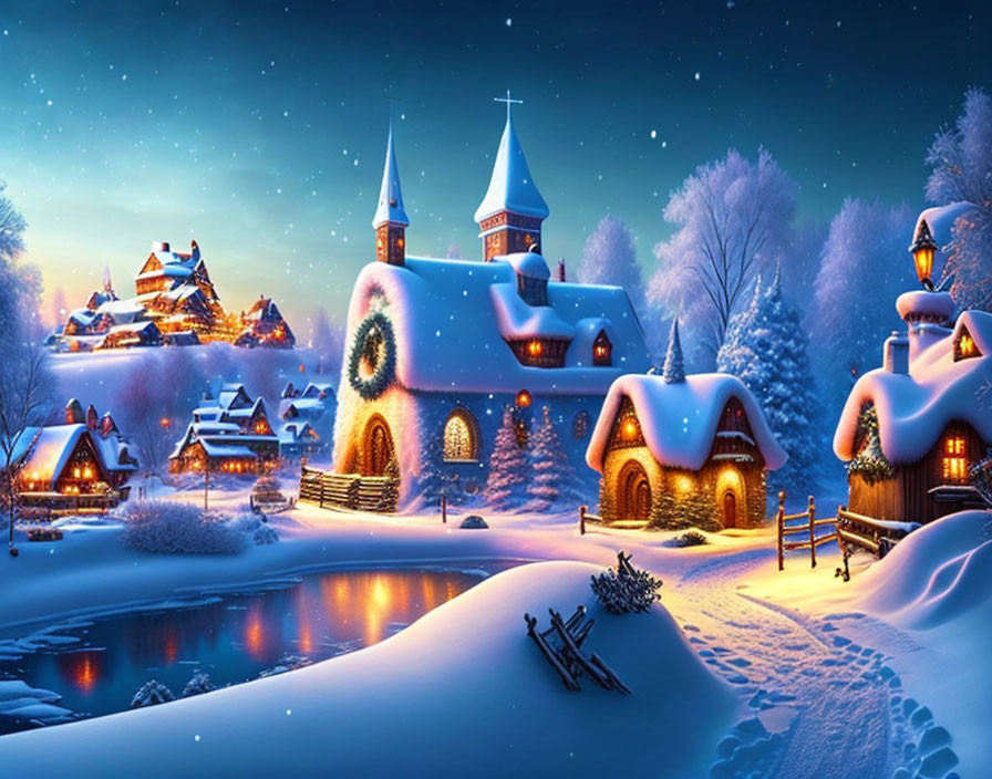 Snowy Village Night Scene with Illuminated Cottages, Church, Trees, River, and Star