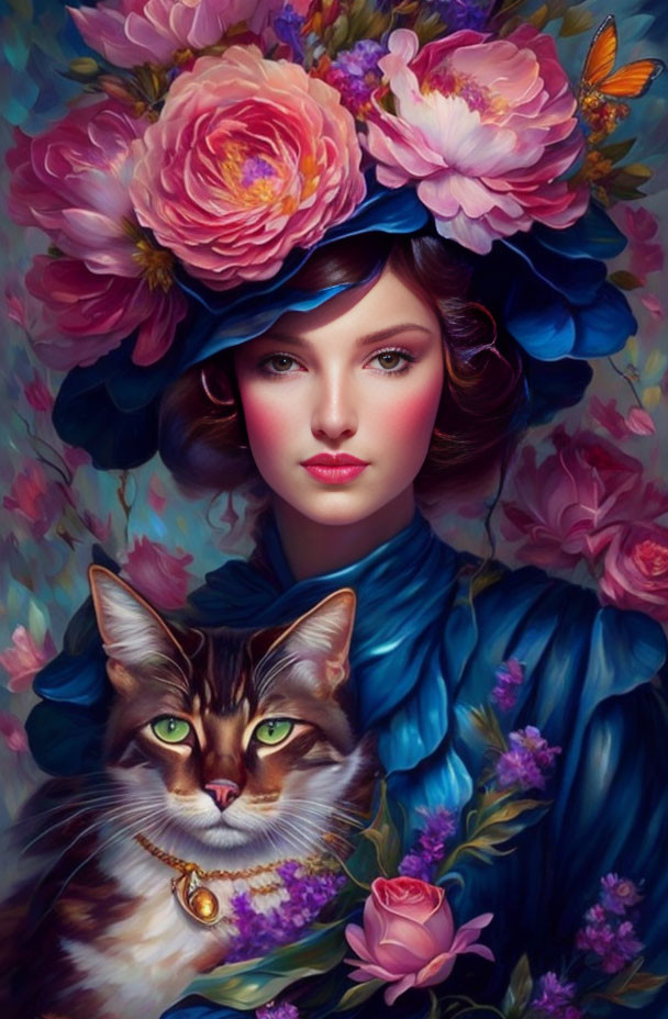 Woman in floral hat with cat in pendant against vibrant floral backdrop