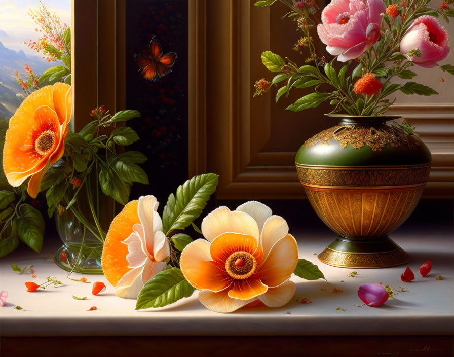 Colorful still-life painting with orange and pink blooms in golden vase and butterfly.