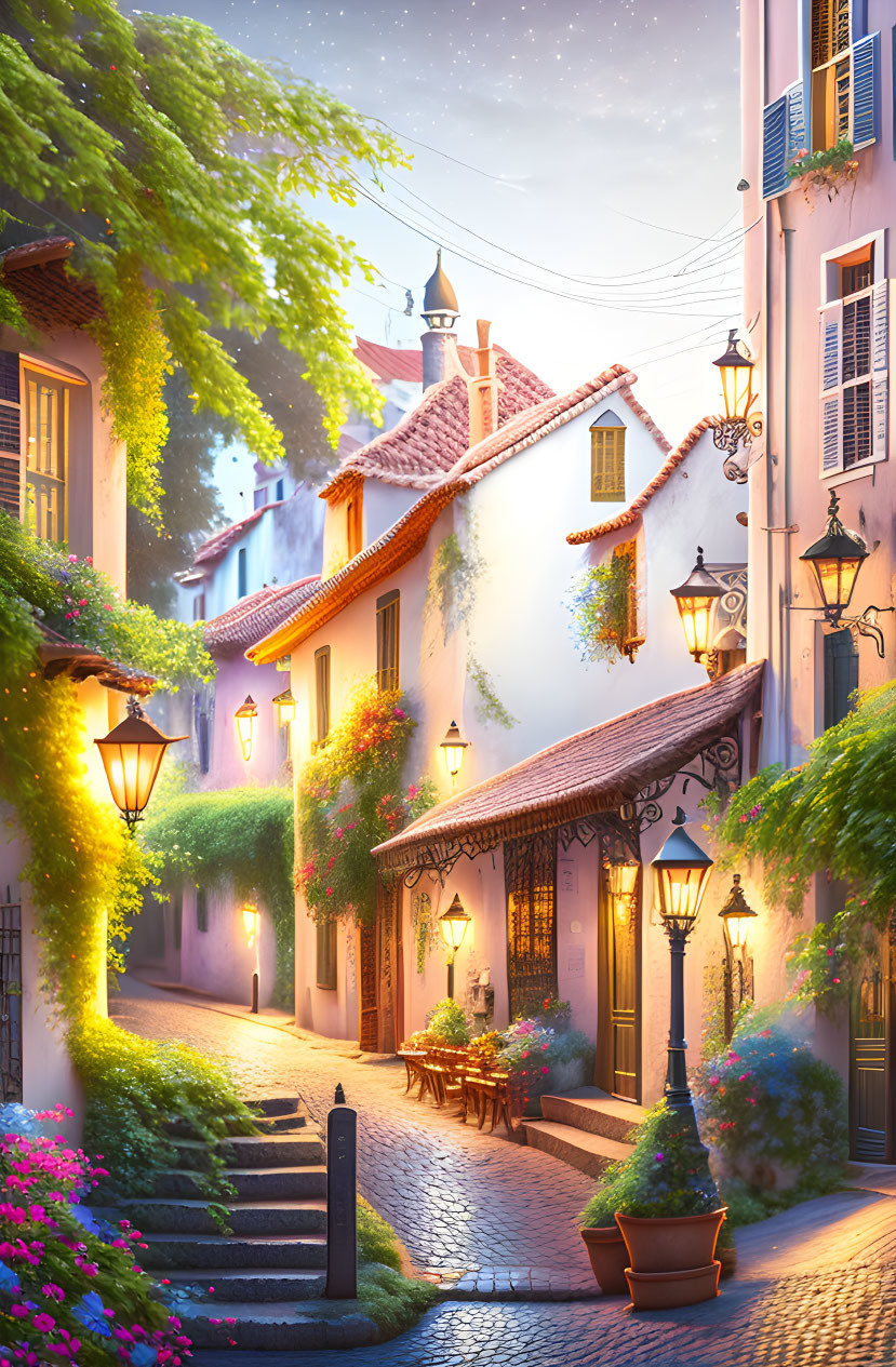 Picturesque cobblestone street with ivy-covered houses, flowers, and starry sky