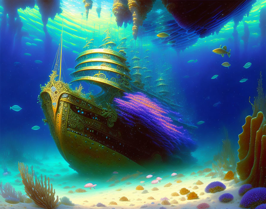 Colorful underwater scene with jellyfish ship, coral, and fish