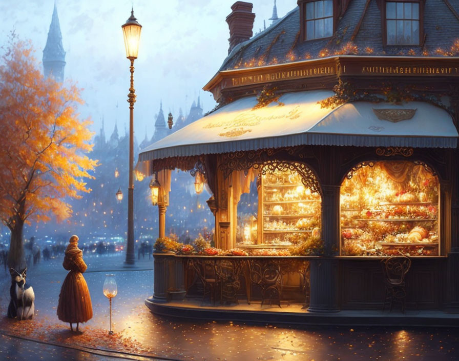 Cozy bakery scene at dusk with woman, dog, falling leaves