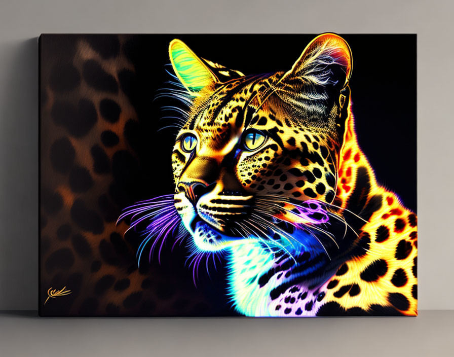 Neon-lit leopard artwork on canvas with dark spotted background