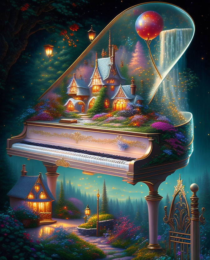 Grand Piano with Fantastical Village, Hot Air Balloon, and Glowing Lamppost at