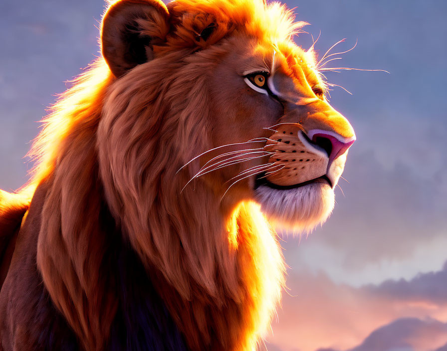 Majestic lion with vibrant mane under dusky sky