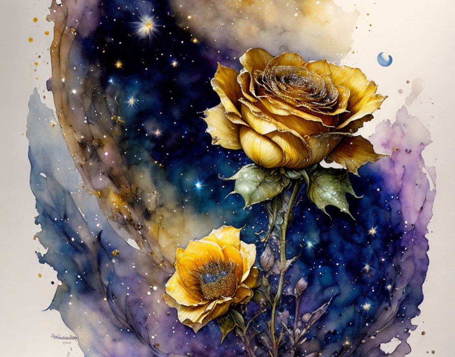 Golden Yellow Roses Watercolor Painting with Cosmic Background