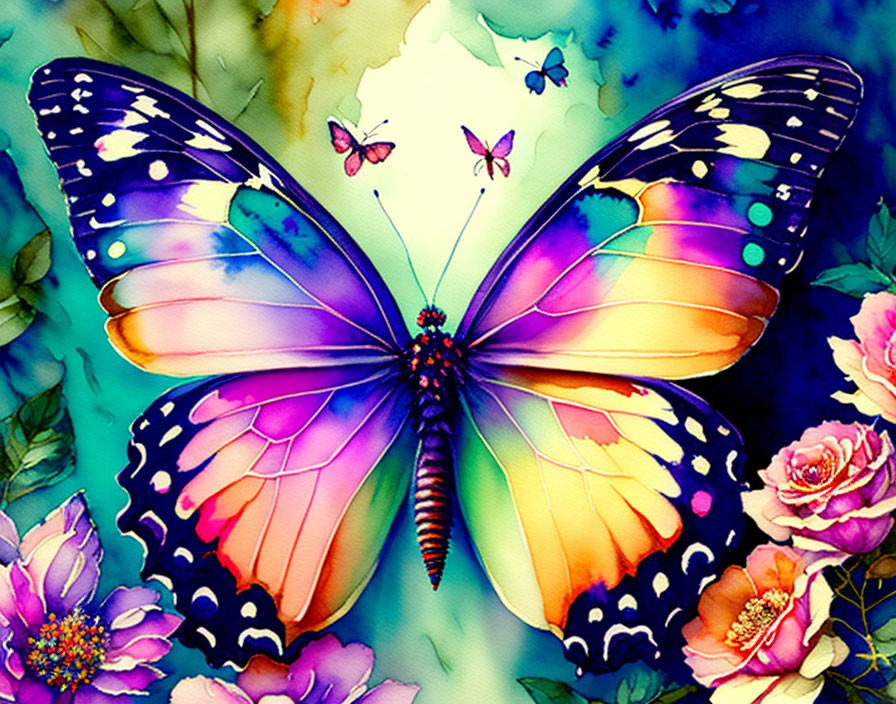 Colorful Butterfly Painting with Flowers and Butterflies on Vibrant Background