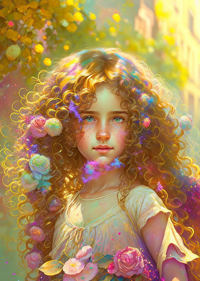 Portrait of a girl with curly golden hair and blue eyes amidst colorful flowers