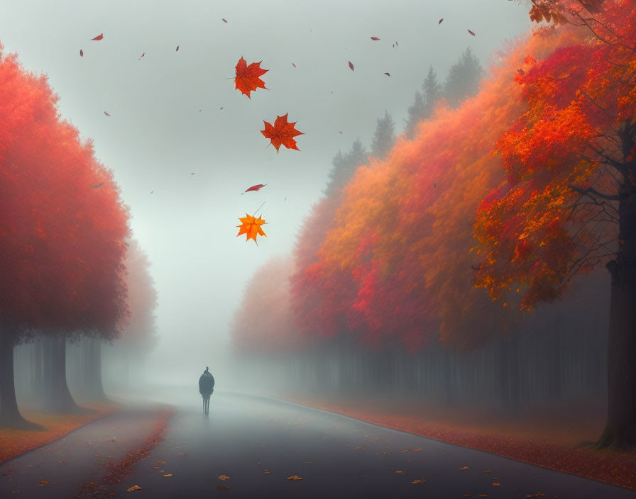 Person walking on foggy road with autumn trees and falling leaves