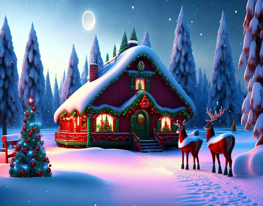 Festive Christmas house with lights, snow-covered trees, and reindeer decorations